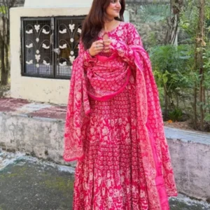 Premium Pure Cotton Anarkali Gown Kurta three Piece Set Rose Blossom Tiered