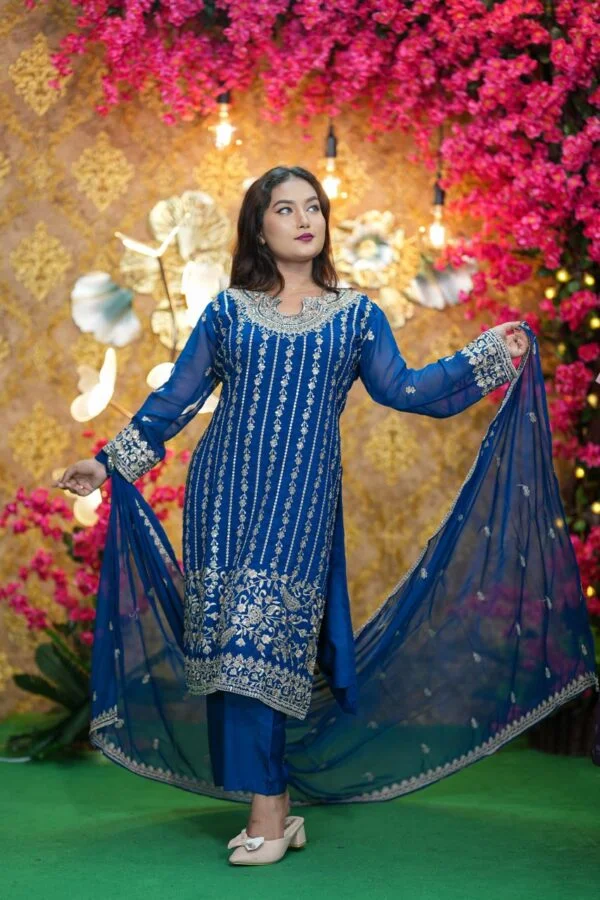 Royal Blue Embroidered Georgette Three Piece Set for Women | Party Wear Dress - Image 2