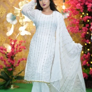 White Sequence Georgette Three Piece Set for Women | Elegant Party Wear