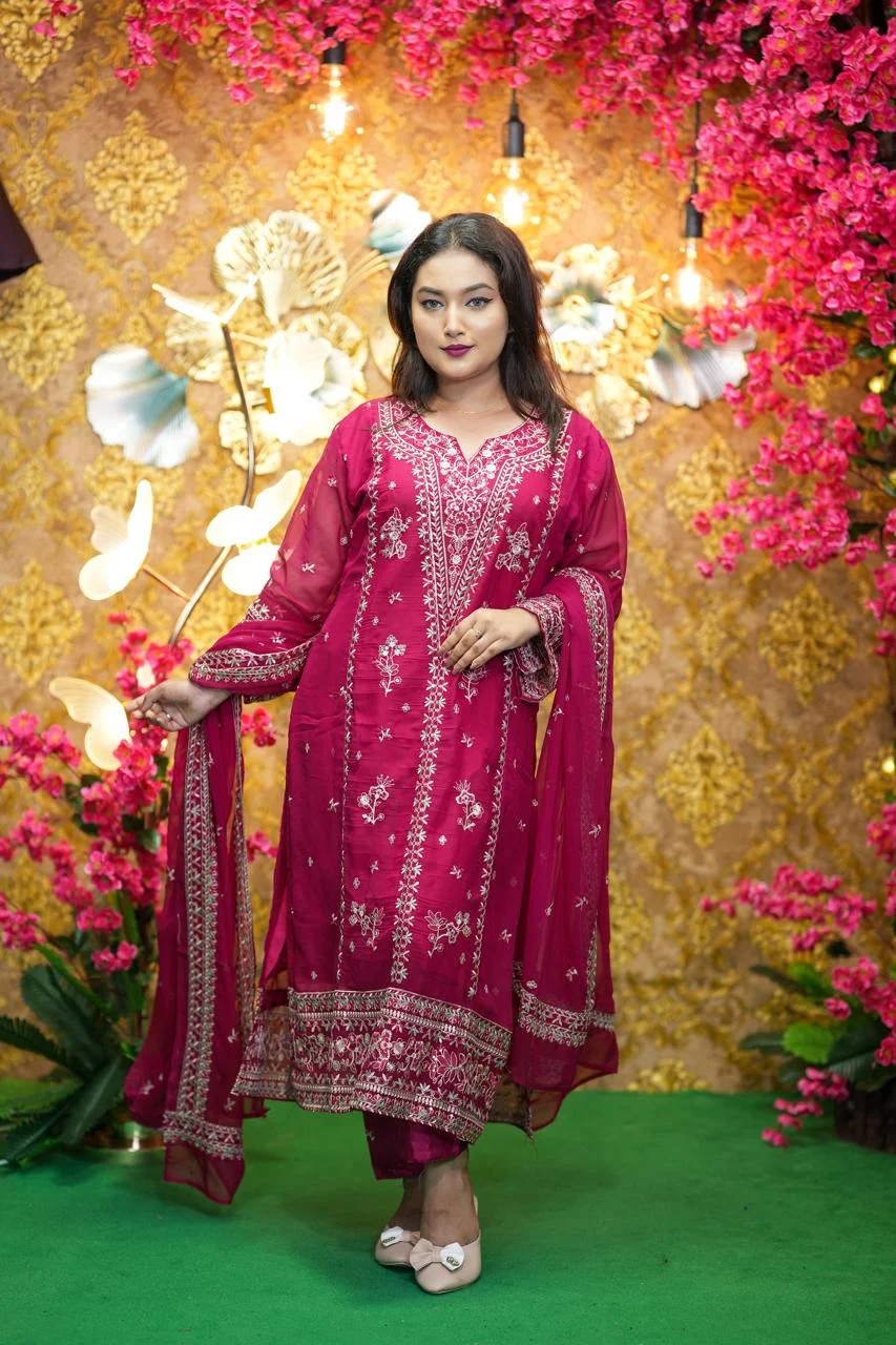 Georgette Embroidered Three Piece Set for Women | Festive Party Wear Dress