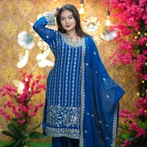 Royal Blue Embroidered Georgette Three Piece Set for Women | Party Wear Dress