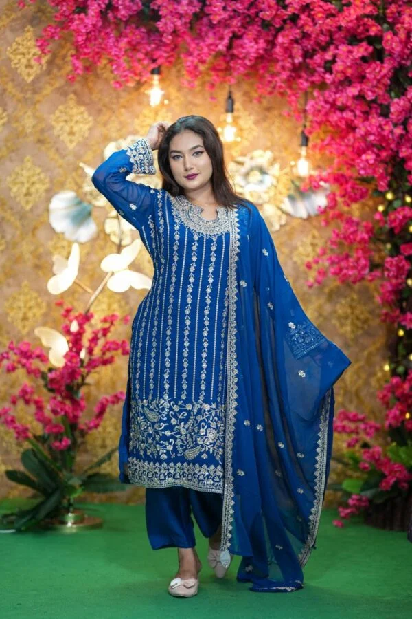 Royal Blue Embroidered Georgette Three Piece Set for Women | Party Wear Dress
