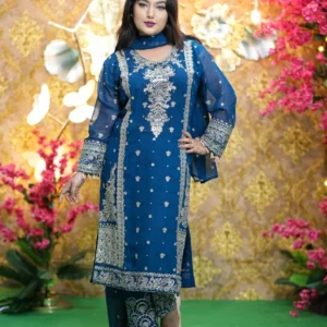 Midnight Blue Embroidered Georgette Three Piece for Women | Wedding Party Wear