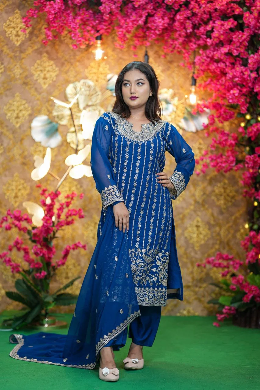 Royal Blue Embroidered Georgette Three Piece Set for Women | Party Wear Dress - Image 6
