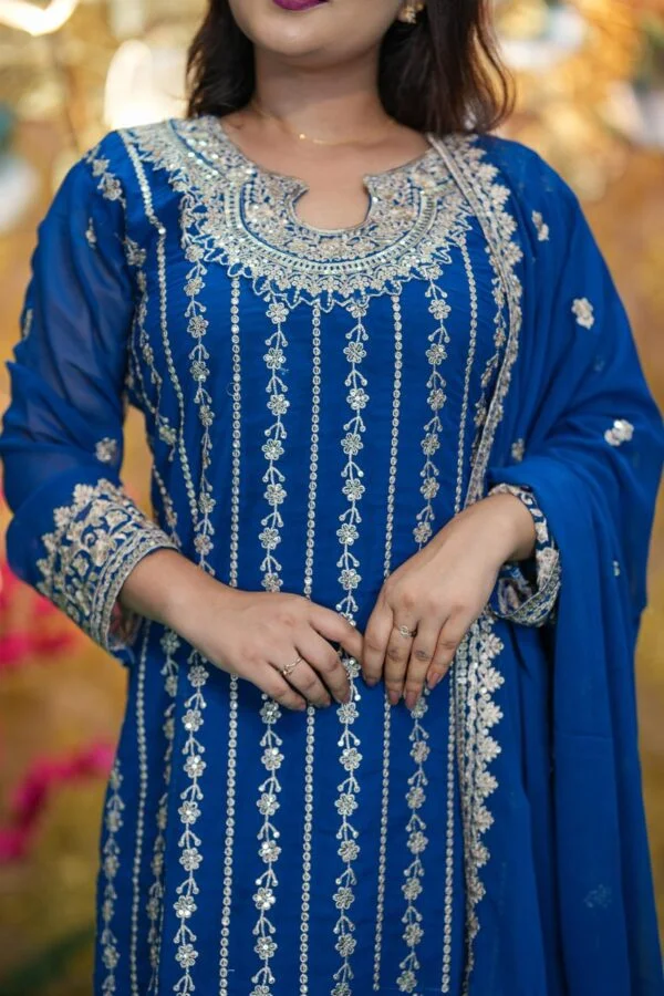 Royal Blue Embroidered Georgette Three Piece Set for Women | Party Wear Dress - Image 5