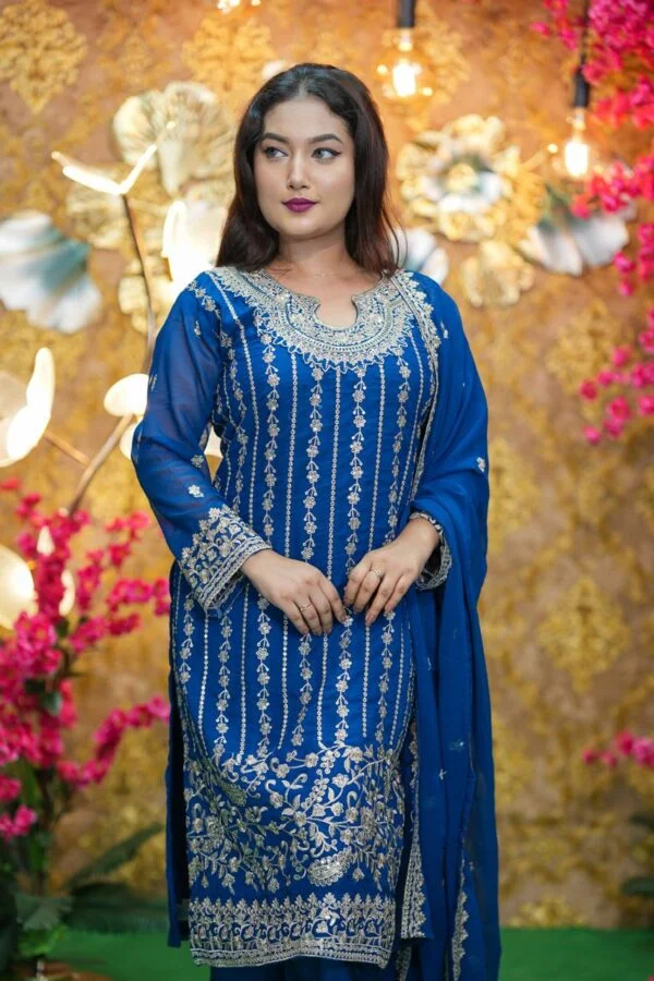 Royal Blue Embroidered Georgette Three Piece Set for Women | Party Wear Dress - Image 4