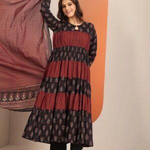 Premium Pure Cotton Anarkali Gown Kurta three Piece Set Midnight Maroon Tiered